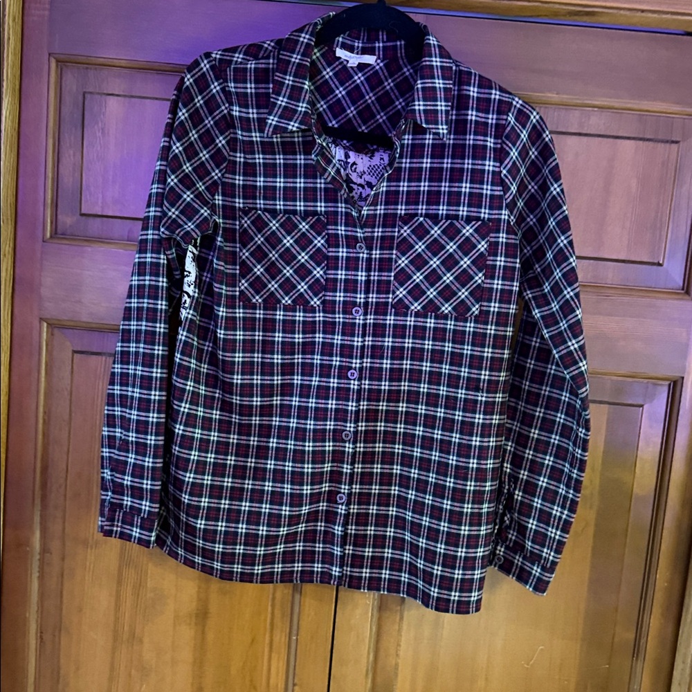 Mystree Red, Black, and Cream plaid shirt